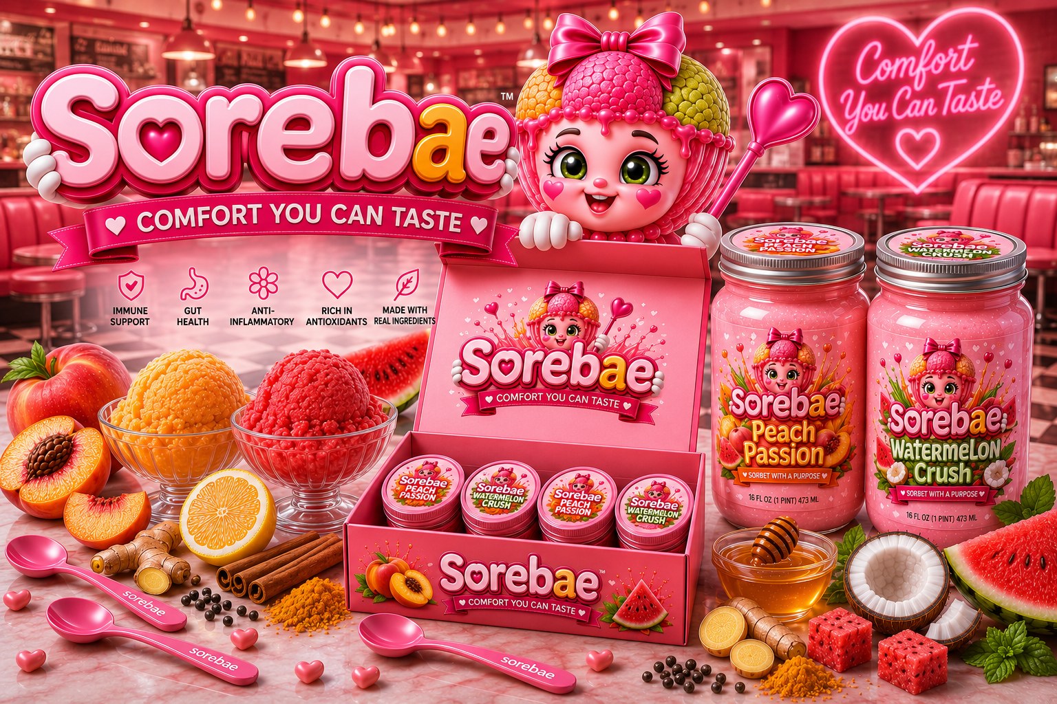 Sore Bae β Comfort You Can Taste, Peach Passion and Watermelon Crush sorbet